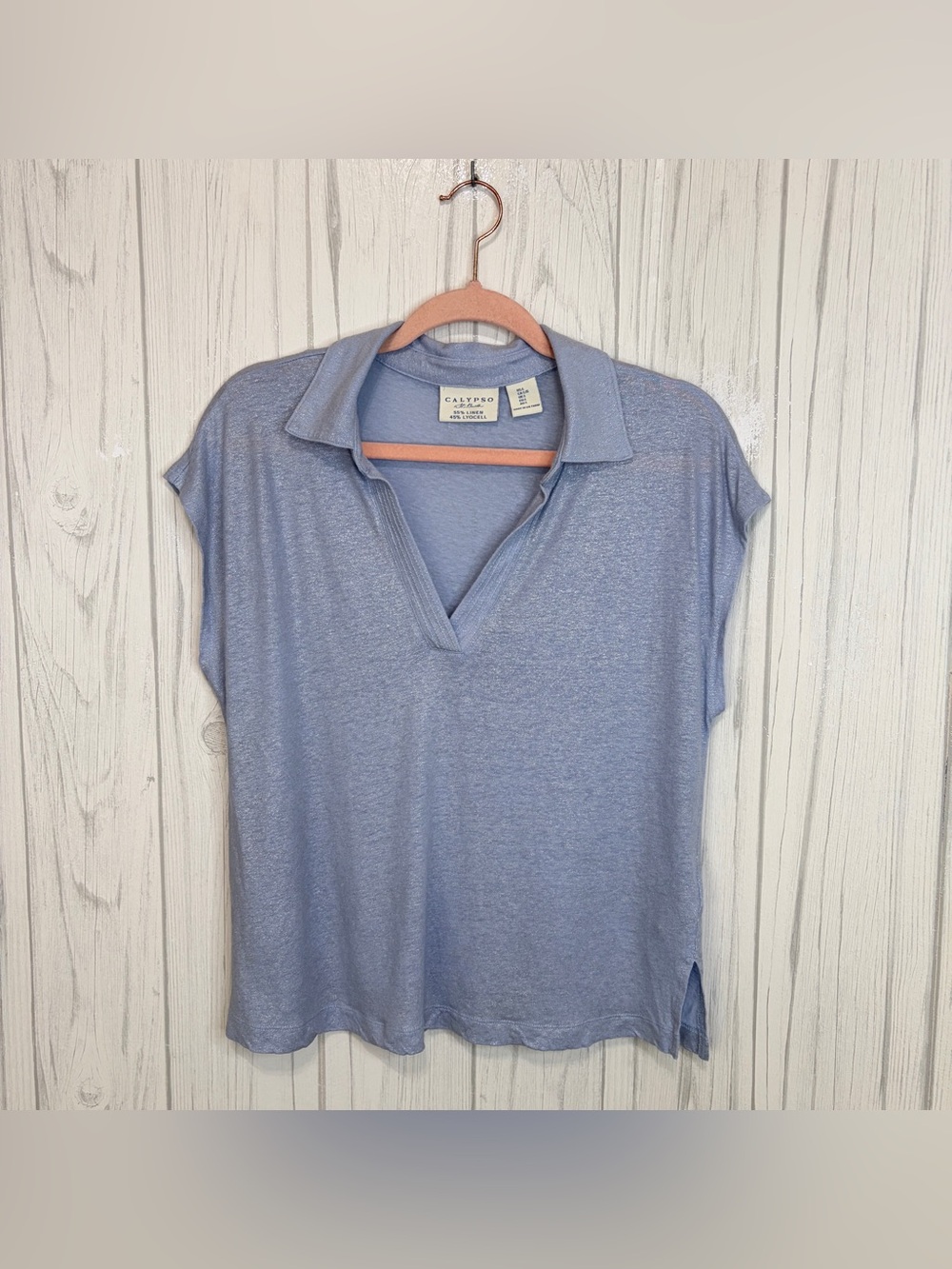 CALYPSO ST. BARTH Light Blue Silver Metallic Collared Cap Sleeve Casual Top‎